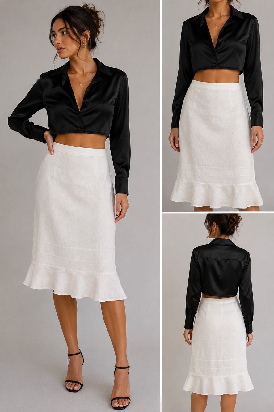 Elegance White Linen Ruffle Hem Midi Skirt Size 14 US/18 GB Flax Lined
